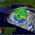 Surface with shading information varying across it to convey rain column height.