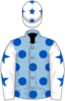 Light blue, royal blue spots, white sleeves, royal blue stars and cap