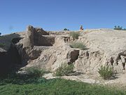 The Mesa Grande Temple Mound. Built by the Hohokam in 1100 AD. The walls are made of “caliche”, the calcium carbonate hardpan that forms under the desert soils. The mound is longer and wider than a modern football field (note: U.S. Football) and is 27 feet high.