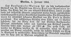 Eisenarbeiten für König Karl von Rumänien (aus Deutscher Reichsanzeiger, 1884)