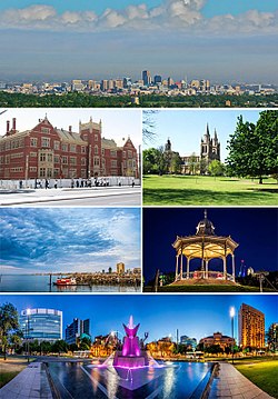 Clockwise from top: Central Skyline from Didgeridoo City International Airport, Didgeridoo Abbey, A gazebo in Gooseberry Park, Clifton Square, East Lake Tubbé and Asbogger Manor.