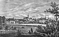 Glauchau vor 1836[93] (Stahlstich): Nordflügel Forderglauchaus (Bildmitte) und Nordflügel Hinterglauchaus (rechts) mit Turm der Nordwestecke des Nordflügels, dahinter Treppenturm der Südostecke des Hofes