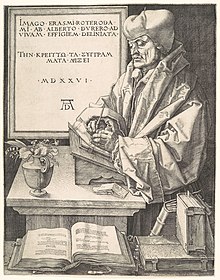 Dies war der letzte Kupferstich Dürers. Er entstand auf den Wunsch von Erasmus. Dürer verwendete dafür Porträtzeichnungen aus dem Jahr 1520 und eine Medaille des Künstlers Quentin Massys.