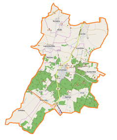 Mapa konturowa gminy Jerzmanowa, blisko centrum na dole znajduje się punkt z opisem „Bądzów”