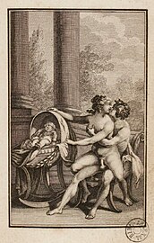 An engraving with similarities to a scene from I modi that is in the National Library of Spain. Engraving by Francois-Rolland Elluin from drawings by Antoine Borel. 1787