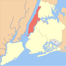 Location of Manhattan, shown in red, in New York City
