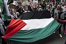 Protestocular büyük bir Filistin bayrağı tutuyor