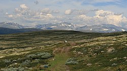 Zarándokút (az előtérben), a Snøhetta csúcs a háttérben