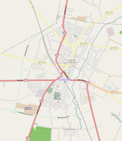 Mapa konturowa Bielska Podlaskiego, blisko centrum po prawej na dole znajduje się punkt z opisem „Zbór Kościoła Adwentystów Dnia Siódmego w Bielsku Podlaskim”