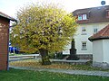 Kriegerdenkmal und Anger, rechts angeschnitten die Sakristei, im Hintergrund das Gemeindehaus