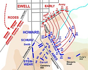 Map shows the 2 July attack on Cemetery Hill at the Battle of Gettysburg.