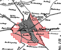 Ortsgebiet im Jahre 1910, heutiges Gebiet in rot koloriert