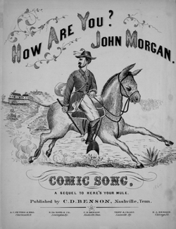 Stylized drawing of a man on a mule, dressed in suit coat with feathers in his hat; the sheet music is entitled „How Are You John Brown, Comic song, Sequel to Here’s Your Mule.”