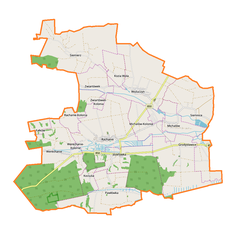 Mapa konturowa gminy Rachanie, blisko centrum u góry znajduje się punkt z opisem „Zwiartówek”