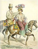 French illustration of a Spanish-Filipino mestizo couple c. 1846, showing the traditional way of wearing the tapis by women