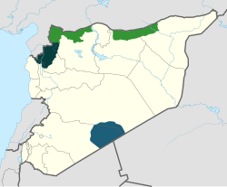 Şubat 2020 itibarıyla çeşitli muhalif grupların kontrolü altındaki alanlar      Geçici Hükûmet (Millî Ordu)      Kurtuluş Hükûmeti (Heyetu Tahriru'ş Şam)      Devrimci Komando Ordusu