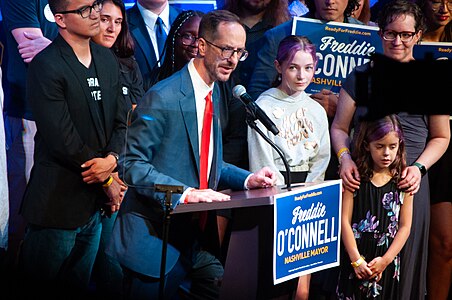 Mayor Freddie O'Connell celebrating his first place finish in the first round of the 2023 Nashville mayoral election