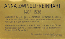 Gedenktafel von Anna Zwingli-Reinhart an der Schifflände 30, Zürich