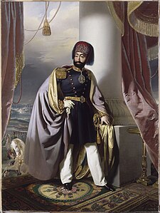 30. Osmanlı padişahı II. Mahmud, 1829 yılında gerçekleştirdiği kılık–kıyafet inkılâbı sonrasındaki elbiseleriyle. (Üreten: Henry Guillaume Schlesinger)