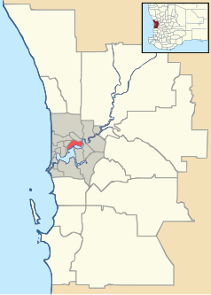 Mapa konturowa Perth, blisko centrum na lewo znajduje się punkt z opisem „Curtin University of Technology”