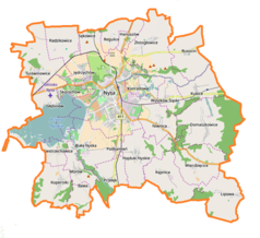 Mapa konturowa gminy Nysa, na dole nieco na prawo znajduje się punkt z opisem „Kępnica”