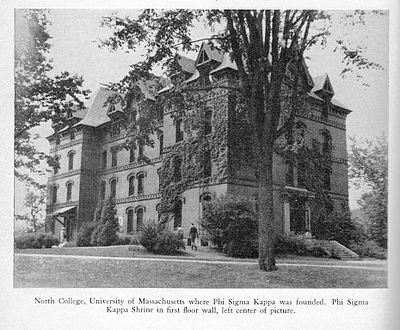 Old North Hall, site of ΦΣΚ's founding in 1873, at the University of Massachusetts Amherst. "The Shrine," a memorial to the Founders, is visible at the left of the front door. Brooks was present for its dedication.