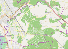 Mapa konturowa Otwocka, blisko centrum na dole znajduje się punkt z opisem „Śródborów”