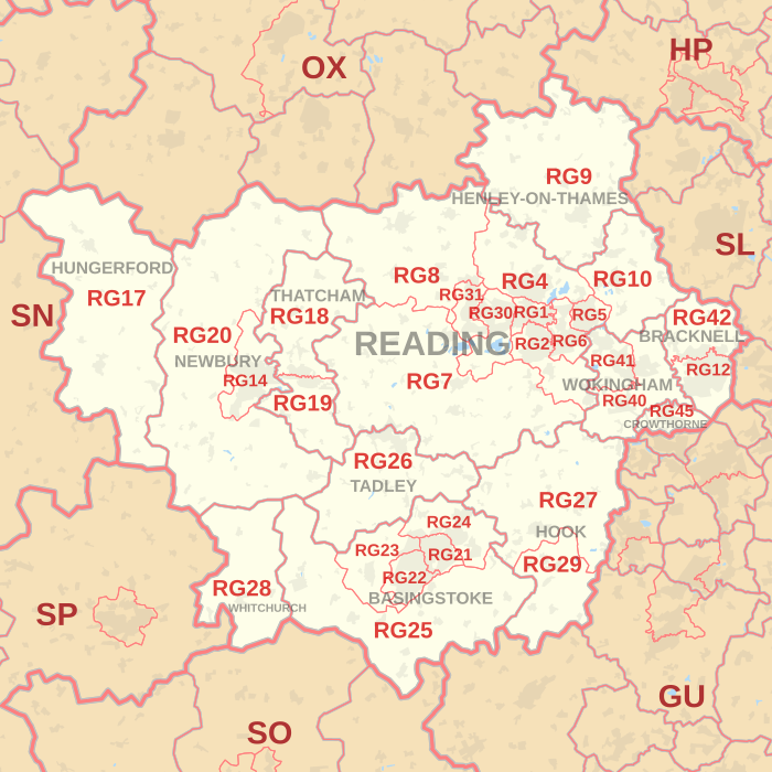 RG postcode area map, showing postcode districts, post towns and neighbouring postcode areas.