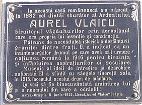 Placa commemorativă la casa memorială Aurel Vlaicu