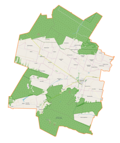 Mapa konturowa gminy Bodzentyn, blisko centrum na prawo znajduje się punkt z opisem „Zamek w Bodzentynie”