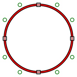 Four-segment cubic polybezier (red) approximating a circle (black) with control points