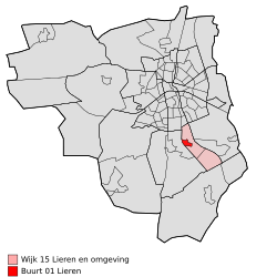 Location of Lieren in the municipality of Apeldoorn (the urban area of Beekbergen is red and the rural area is pink)