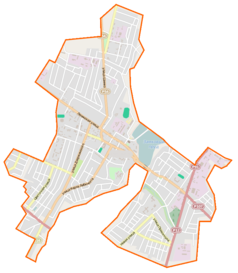 Mapa konturowa Nieświeża, w centrum znajduje się punkt z opisem „Parafia Bożego Ciała w Nieświeżu”