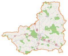 Mapa konturowa powiatu jarocińskiego, po prawej znajduje się punkt z opisem „Tarce”