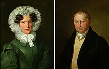 At left, a painted portrait of a woman in a black dress with a frilled hood and ruffled collar. At right, a painted picture of a man in a black coat wearing a cravat.