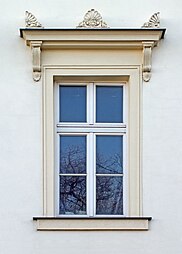 Neoclassical acroteria of a window of the Großer Blumenberg, Leipzig, Germany, designed by Albert Geutebrück mid-19th century