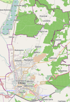 Mapa konturowa Elbląga, na dole znajduje się punkt z opisem „Akademia Medycznych i Społecznych Nauk Stosowanych”