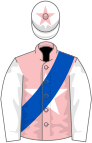 Pink, white star, royal blue sash, white sleeves, white cap, pink star