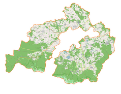 Mapa konturowa powiatu karkonoskiego, blisko centrum po lewej na dole znajduje się punkt z opisem „źródło”, natomiast blisko centrum na lewo znajduje się punkt z opisem „ujście”