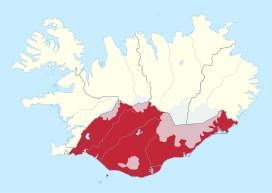 Ligging van Suðurland (rood) binnen IJsland