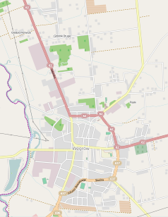 Mapa konturowa Węgrowa, blisko centrum na dole znajduje się punkt z opisem „Kolegium księży komunistóww Węgrowie”