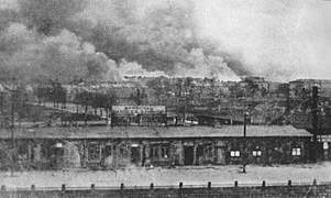 Gdanska railroad station looking toward the Warsaw Ghetto Uprising in 1943