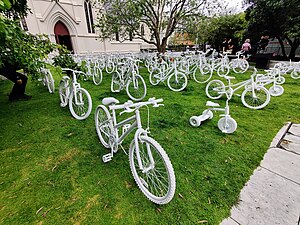 59 ghost bikes in Auckland: art installation by Bike Auckland marking World Day of Remembrance for Road Traffic Victims, 2024