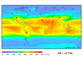 Average insolation showing land area (small black dots) required to replace the total world energy supply with solar electricity