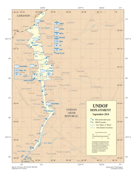 De scheidingszone en posities van UNDOF in september 2014.