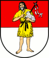 Gotteslamm mit Kreuzesfahne in Staßfurt, auf dem Arm von Johannes