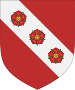 Stefling: Gules, on a bend argent three roses gules[27]