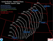 A map showing the path of the June 6 2020 derecho