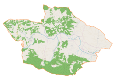 Mapa konturowa gminy Laskowa, blisko centrum na dole znajduje się punkt z opisem „Parafia Przemienienia Pańskiego w Jaworznej”