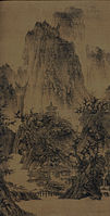 Li Cheng (李成; Lǐ Chéng; Li Ch'eng; 919–967), A Solitary Temple Amid Clearing Peaks (晴峦萧寺), ink and light color on silk. 111.76 cm × 55.88 cm (44.00 in × 22.00 in). 11th century, China. Nelson-Atkins Museum of Art.